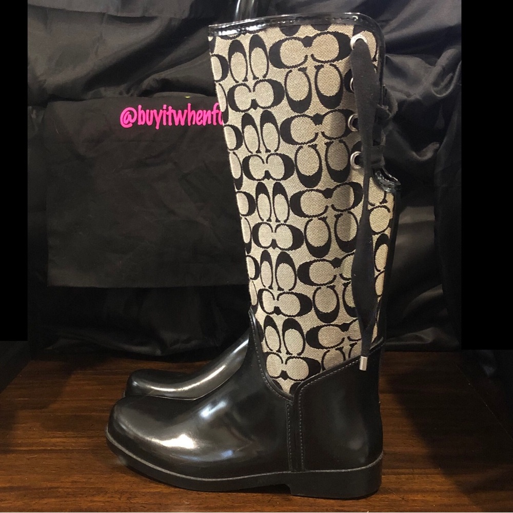 COACH Jacquard Signature C Laced Up Back Bow Heeled Grey Black Tall Rainboots